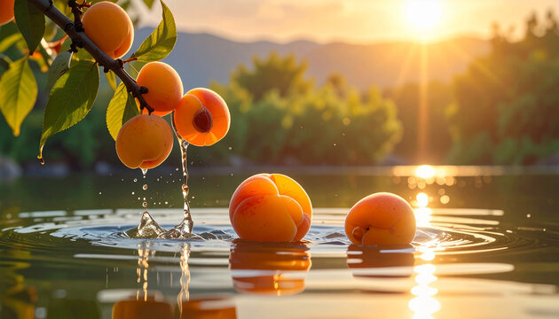 Fresh apricots on branch and floating in water at golden sunset