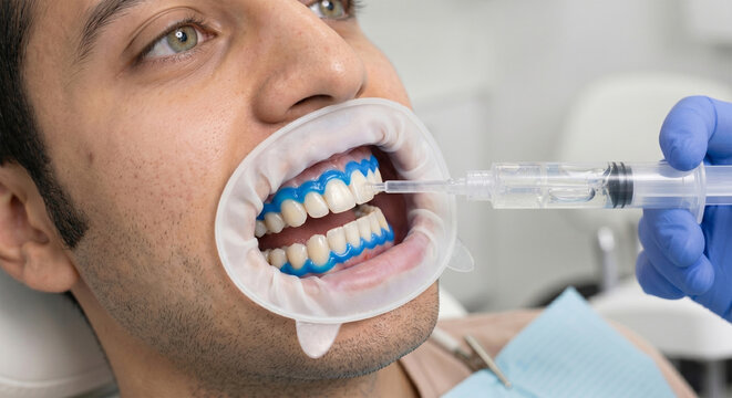 Aplicaci&oacute;n de gel blanqueador en dientes de paciente para blanqueamiento dental profesional 