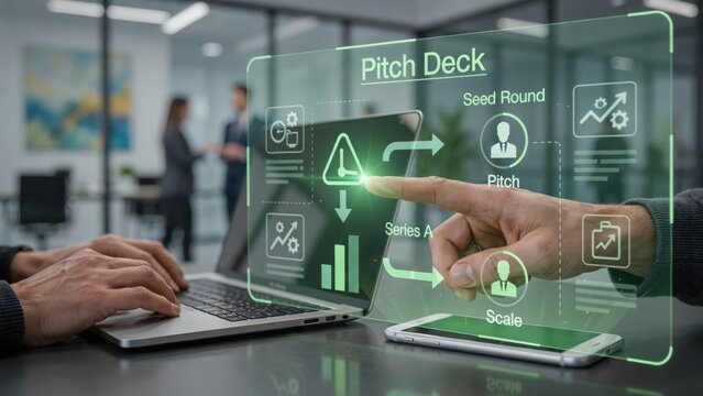 Person using a laptop to view a digital pitch deck interface for business growth