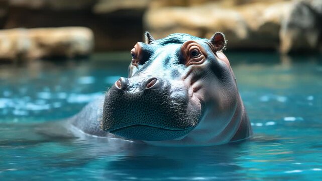 Close-up of a hippo's face emerging from blue water, soft lighting