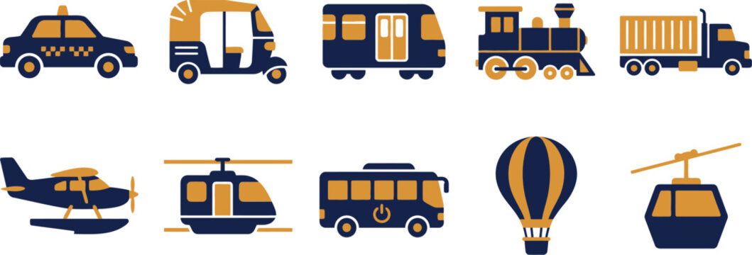 Flat Vector Transport Vehicle Icon Set with Taxi Tuk Tuk Train Truck Seaplane Helicopter Bus Balloon Cable Car for Travel Infographic App Web Design Commercial