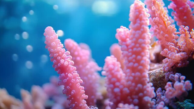 A close-up view of coral structures with vibrant pink hues, set against a blurred blue backdrop