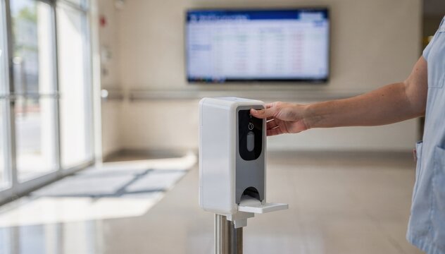 Medium shot of a hand sanitizing station with a blurred transfer tracking screen in the background highlighting hospital hygiene practices in bright daylight near the lobby