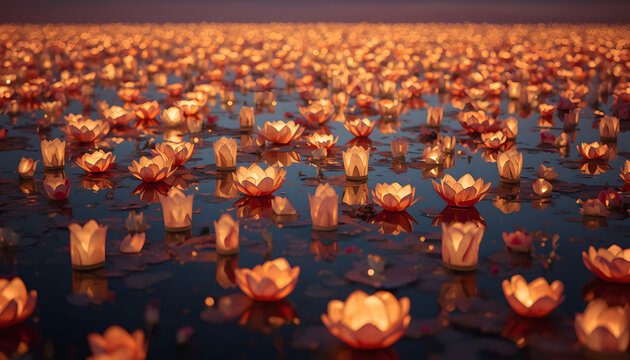 Floating Lantern Festival Across a Serene Water Surface at Sunset