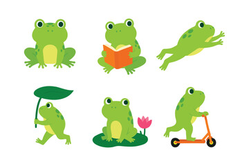 Fototapeta premium Cute Frog Clip Art Set Cartoon Green Toad Character Vector Illustration