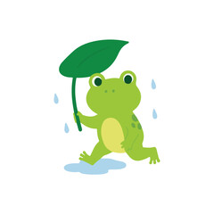 Obraz premium Cute Frog Walking in the Rain with Leaf Umbrella Vector Illustration