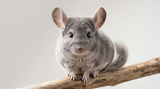 Cute fluffy grey chinchilla sitting on a wooden branch looking at the camera