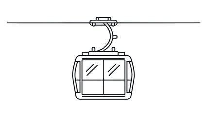 Simple black and white line art icon of a cable car gondola hanging from a wire for mountain travel and ski resort transportation © Dulal