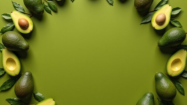 Rotating Seamless Avocado Pattern Loop Revealing Sliced Halves on Green Flat Lay Background