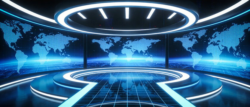 Futuristic studio with world map display