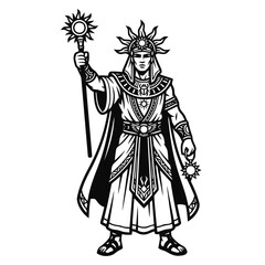 Obraz premium Ancient Egyptian Pharaoh Sun God Character Holding a Scepter with Solar Halo Crown Illustration