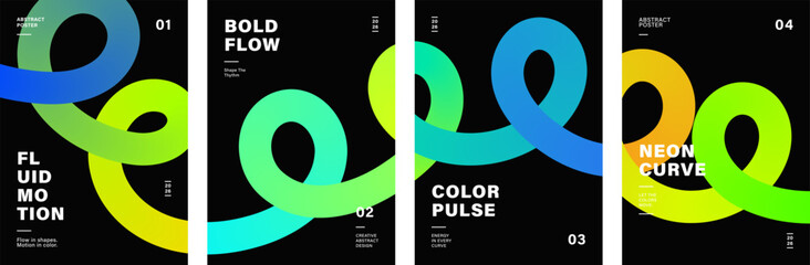 Obraz premium Abstract modern neon wavy line poster set with bold wave curves, flowing fluid lines backgrounds, vibrant gradients, and modern typography for creative design.