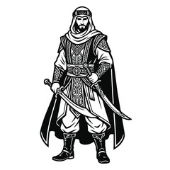 Obraz premium Illustrations of an Arabian warrior in traditional attire, holding two swords, standing proudly