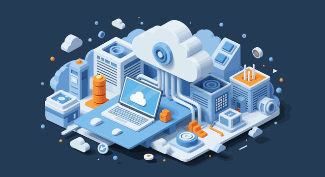 Isometric cloud computing and data network infrastructure illustration