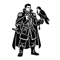 Fototapeta premium Military Commander in Vintage Uniform Standing with a Trained Falcon for Historical Concept Illustration