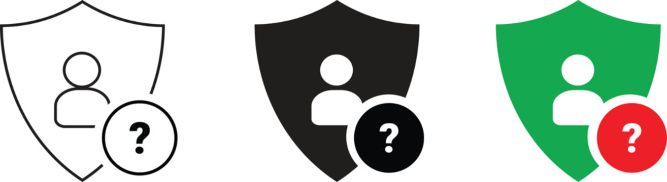 Set of shield icons with user profile and question mark symbol