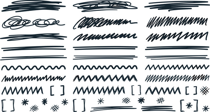 Hand Drawn Black Felt Tip Pen Scribbles and Underline Brush Strokes Vector Set for Highlighting Text, Correction Marks, and Graphic Design Elements