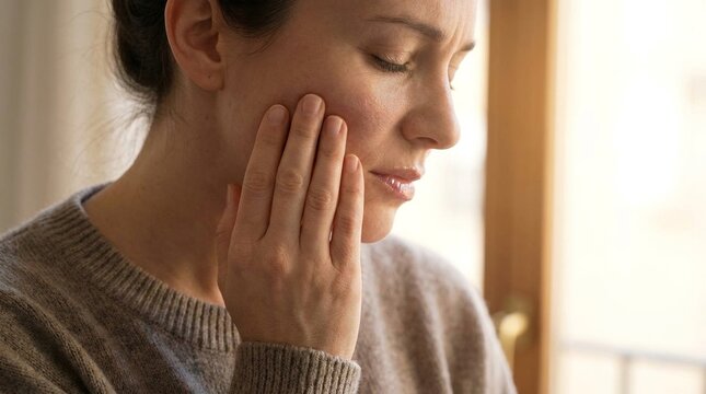 Close Up Of A Young Woman Suffering From Severe Toothache Touching Her Jaw Painfully