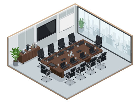 Isometric corporate conference room with wooden table and chairs