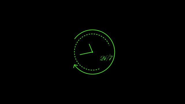 Clock icon glows in neon green against a solid black backdrop representing a constant twenty four seven operational service availability for business support systems needing clear visual.
