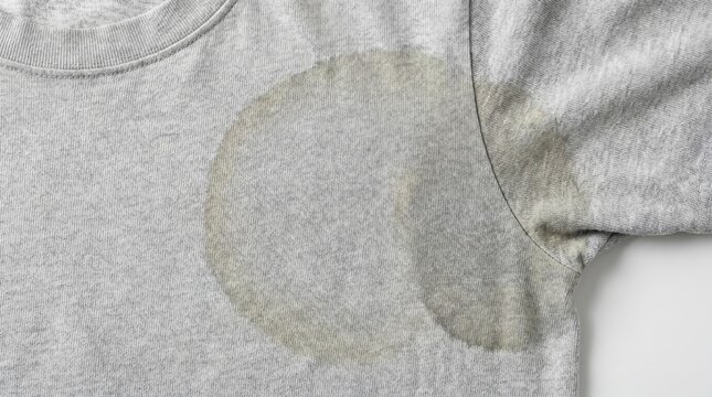 Close up view of a large yellow sweat stain on a grey cotton t-shirt underarm