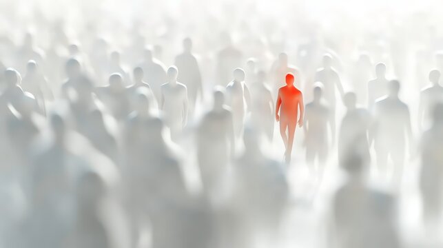 Blur crowd of white human figures, one red figure on white background, banner. 3d illustration