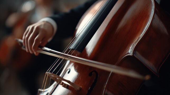 Professional cellist playing the instrument in a concert hall setting.