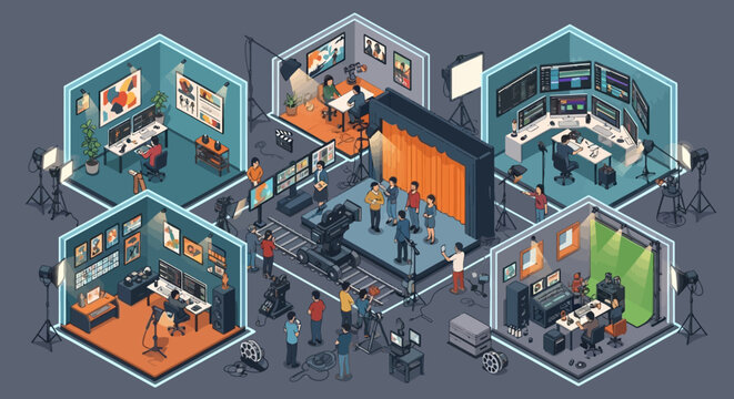 Isometric layout of a professional media broadcast studio.