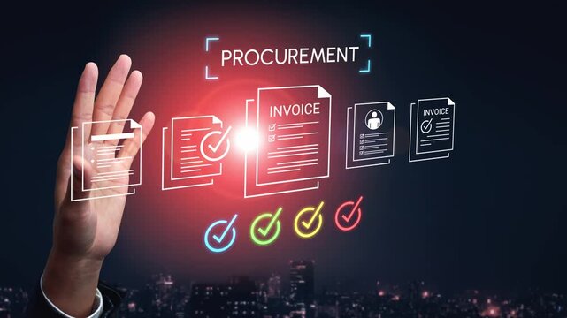 Modern Digital Procurement Process with Overlaid Invoice Graphics and Hand Gesture Against a City Skyline Background Gluon.