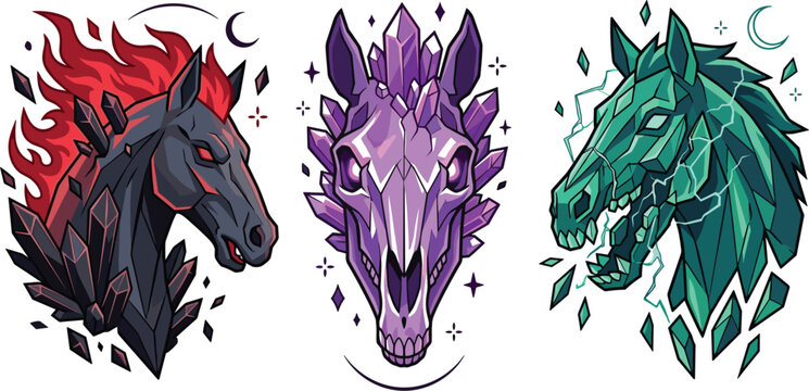 Fantasy Creature Emblem Collection Featuring Fire Horse, Crystal Dragon Skull and Emerald Beast Heads in Geometric Vector Illustration Style
