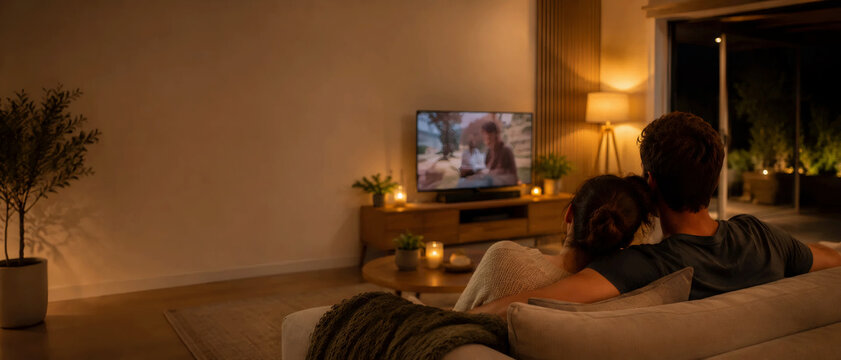 Couple watching TV at night on couch