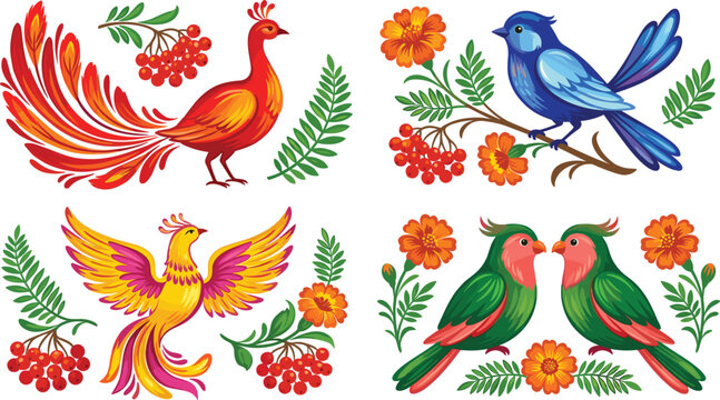 Folk Art Bird Collection Featuring Phoenix, Bluebird, Lovebirds and Floral Botanical Elements in Traditional Decorative Vector Style