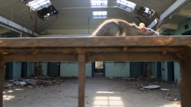 Brown rat scurrying along a metal railing in an abandoned building