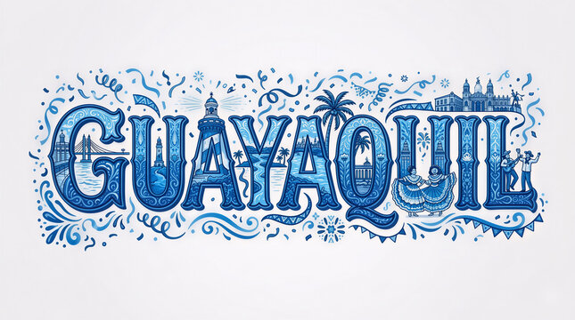 Texto de Guayaquil-Ecuador en 3D de color azul celeste con elementos festivos por Fiestas Julianas