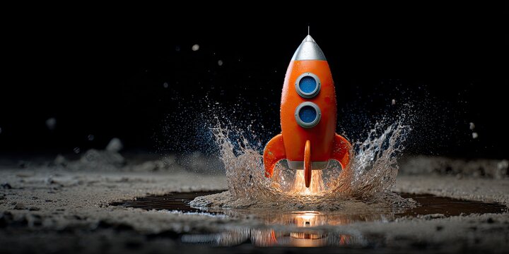 A cartoonish orange rocket blasts off from a puddle, creating a large splash