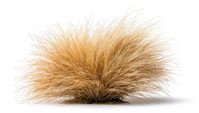 A fluffy clump of dry, golden grass stands isolated on a white background
