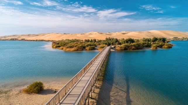 Wooden bridge crosses tranquil blue water to island with trees and sand dunes