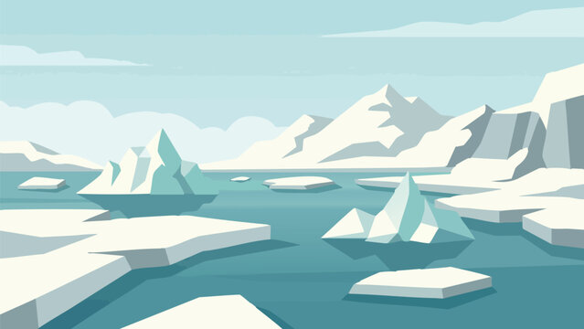 Arctic landscape with icebergs and mountains, vector illustration.