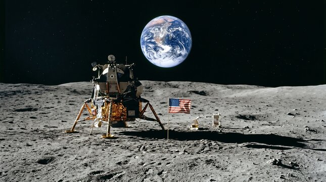 Lunar lander on the moon surface with planet Earth in the background