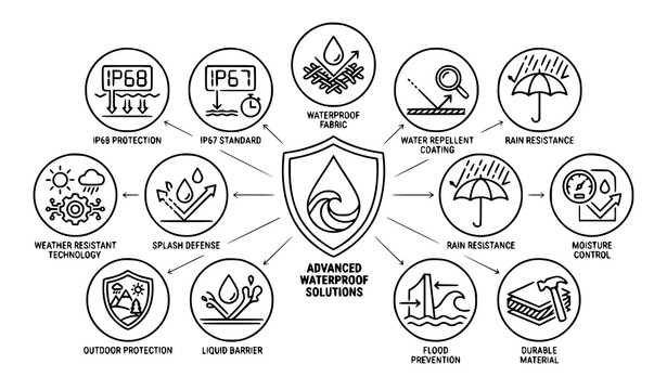 Water Resistant and Waterproof Technology Line Icons Collection with Rain Protection and Moisture Defense Vector