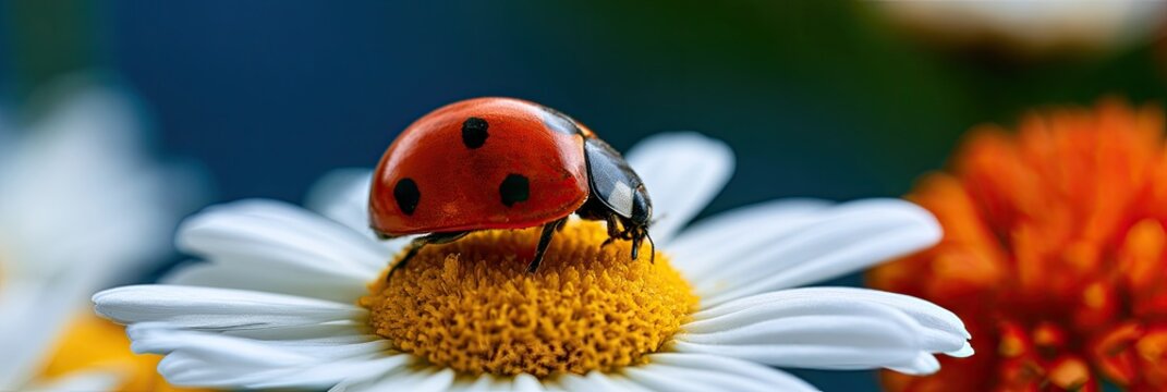 Red ladybug on a white daisy with a fuzzy orange flower in background