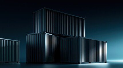 Naklejka premium Stacked metal shipping containers in a dark, moody studio setting