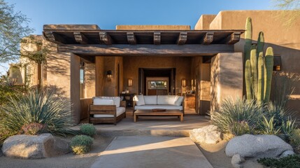 Obraz premium Desert oasis resort patio with comfortable seating and cacti