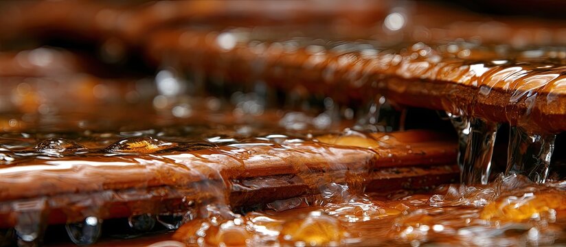 Close-up of water dripping over stacked, textured wooden slats