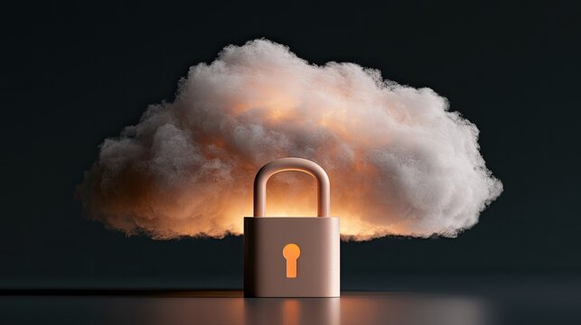 Illuminated cloud with secure lock in foreground, concept of data protection