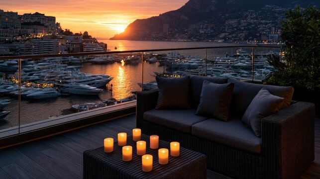 Cozy balcony with glowing candles overlooks a harbor at sunset
