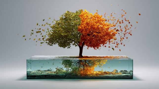 Tree splits into two seasons, reflected in water