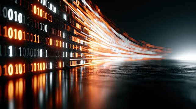 Flowing lines of light and binary code on a dark reflective surface