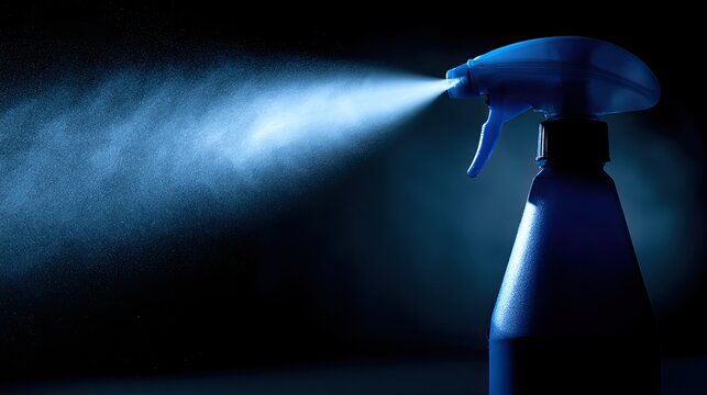 Blue spray bottle releasing a fine mist of liquid against a dark background