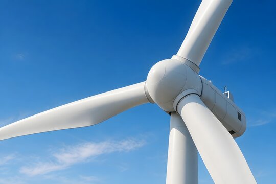 Large white wind turbine generator blades rotating against a clear bright blue sky, representing sustainable green energy, renewable power generation, clean electricity technology, and environmental